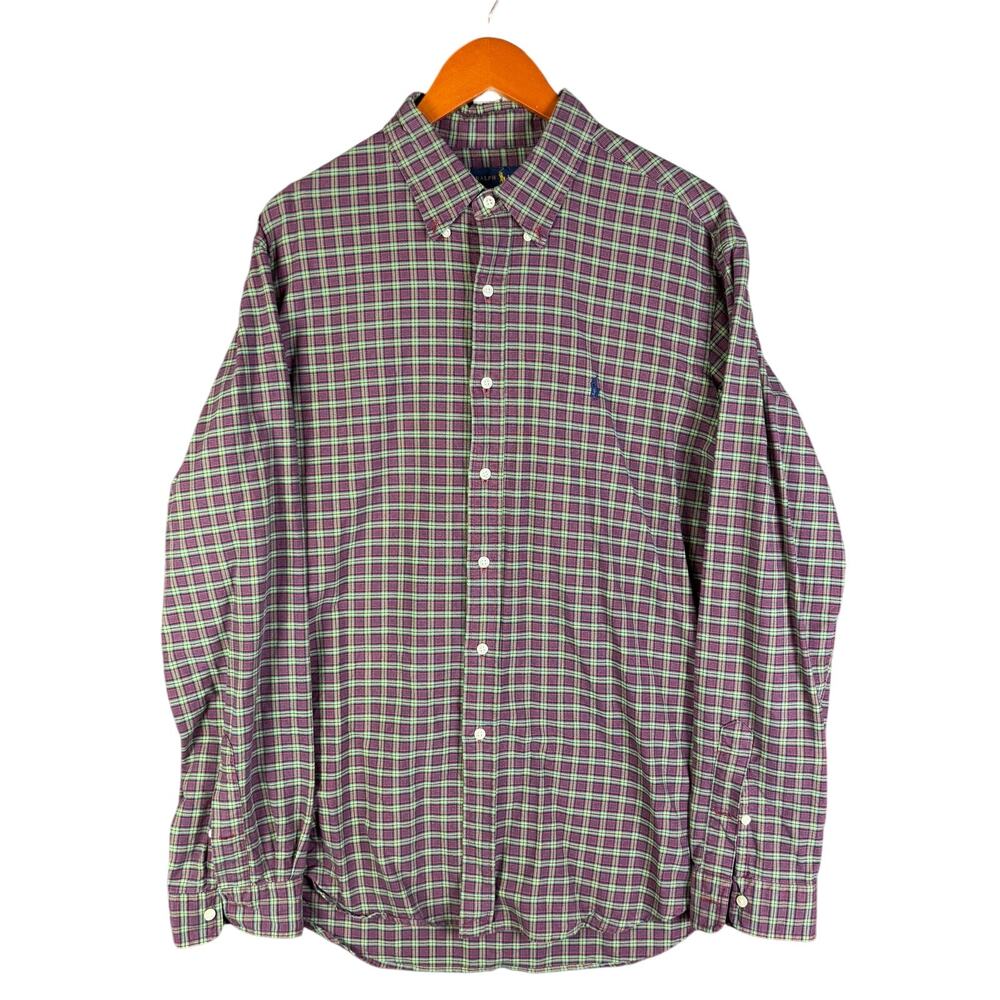 Polo Ralph Lauren Button Down Plaid Oxford Shirt Cotton‎ Green Red Mens XL EUC